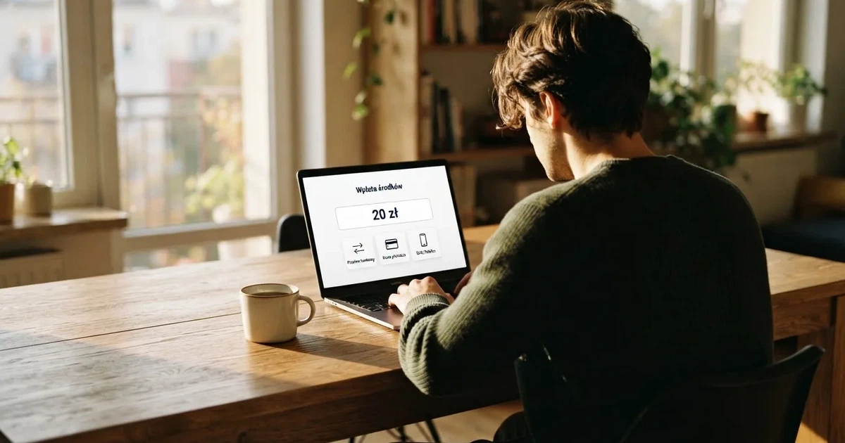 Laptop z otwartym formularzem wpłaty na kwotę 20 zł i wyborem między szybkim przelewem, kartą płatniczą a BLIK-iem