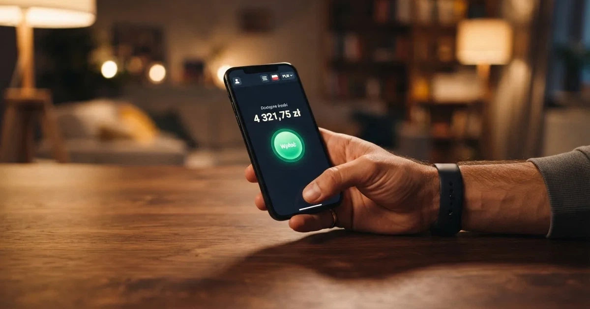 Dłoń trzymająca smartfon z otwartym ekranem salda konta gracza i przyciskiem wpłaty na ePortfel