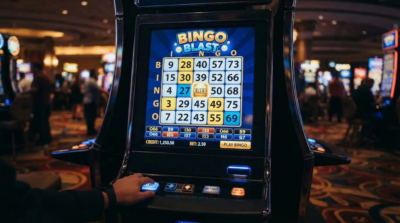 Ekran automatu do gry z kolorową planszą w stylu bingo i podświetlonymi liczbami