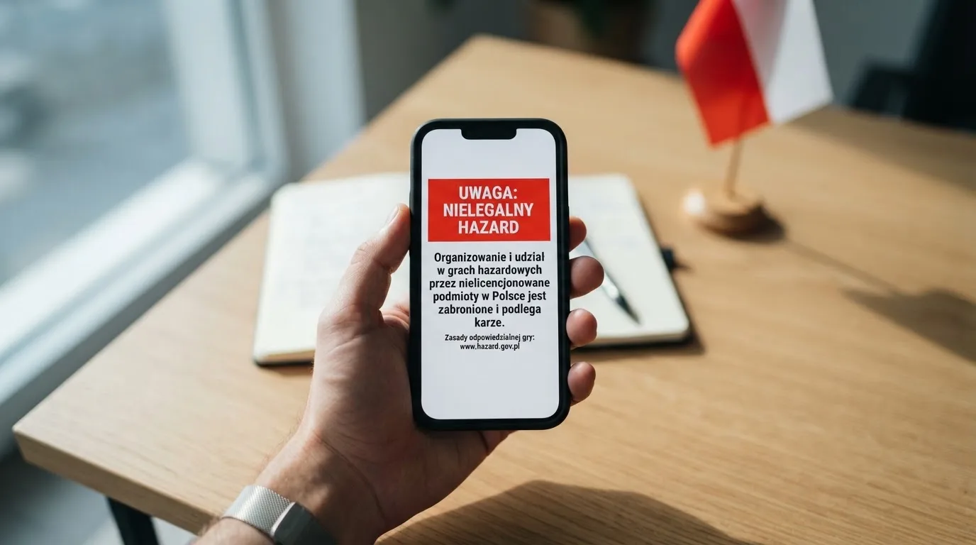 Dłoń trzymająca telefon z widocznym komunikatem ostrzegawczym o legalności hazardu online na tle biało-czerwonej flagi Polski.