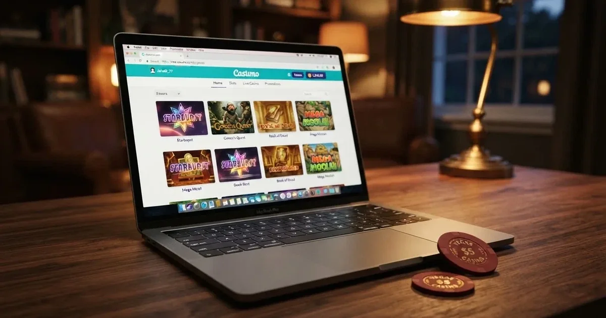 Laptop na biurku z otwartą stroną kasyna internetowego i ikoną kłódki szyfrowania w pasku adresu przeglądarki