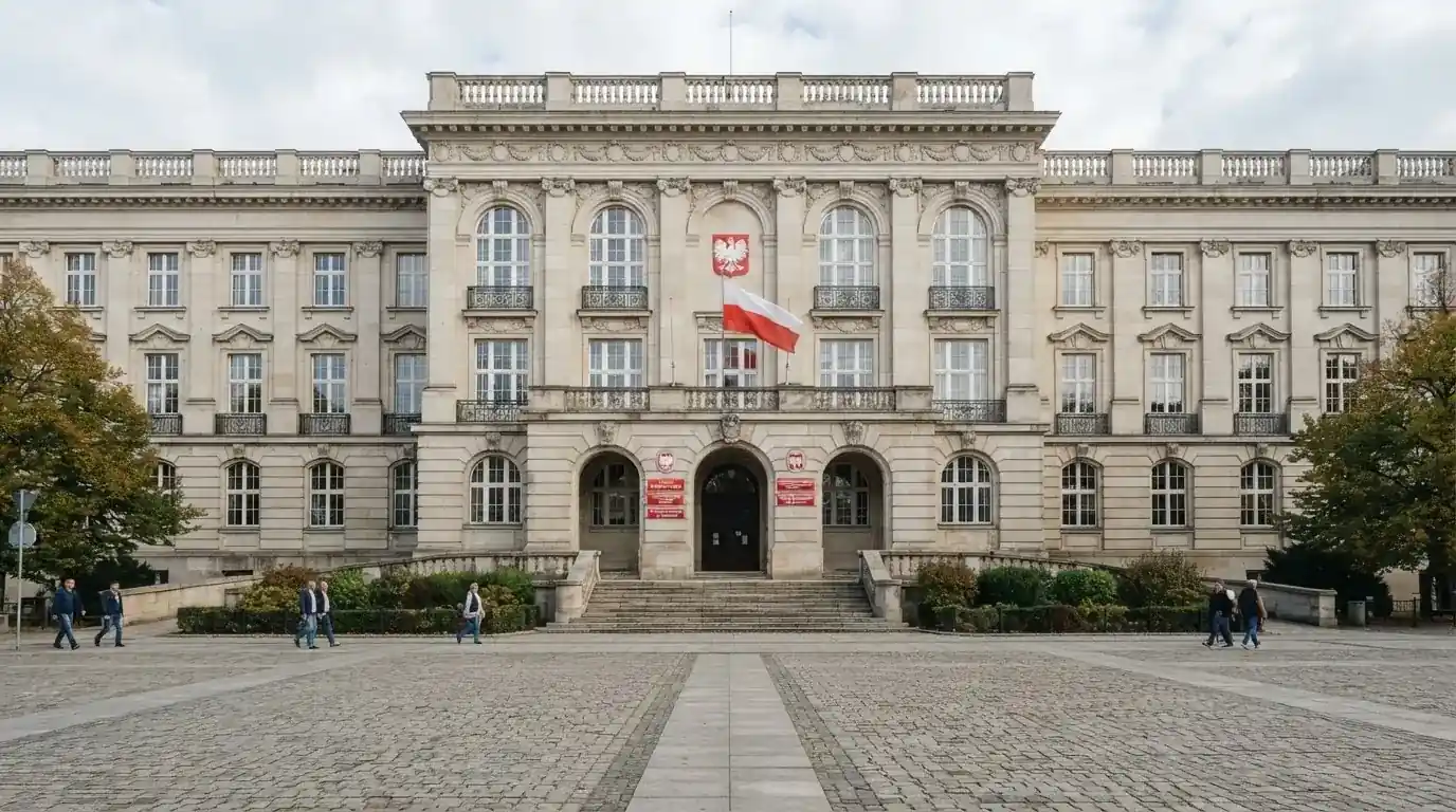 Fasada budynku instytucji państwowej z flagą Polski, symbol nadzoru regulatora nad rynkiem gier hazardowych