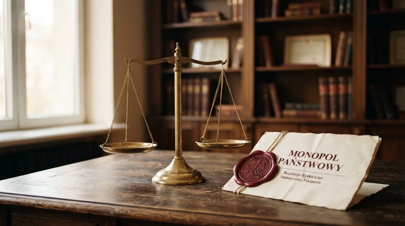 Waga i pieczęć obok napisu o państwowym monopolu na kasyno online