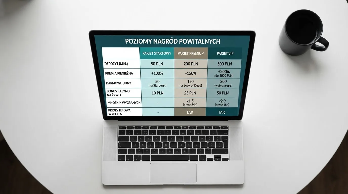 Widok z góry na laptop z otwartą tabelą porównawczą ofert powitalnych kilku serwisów kasynowych
