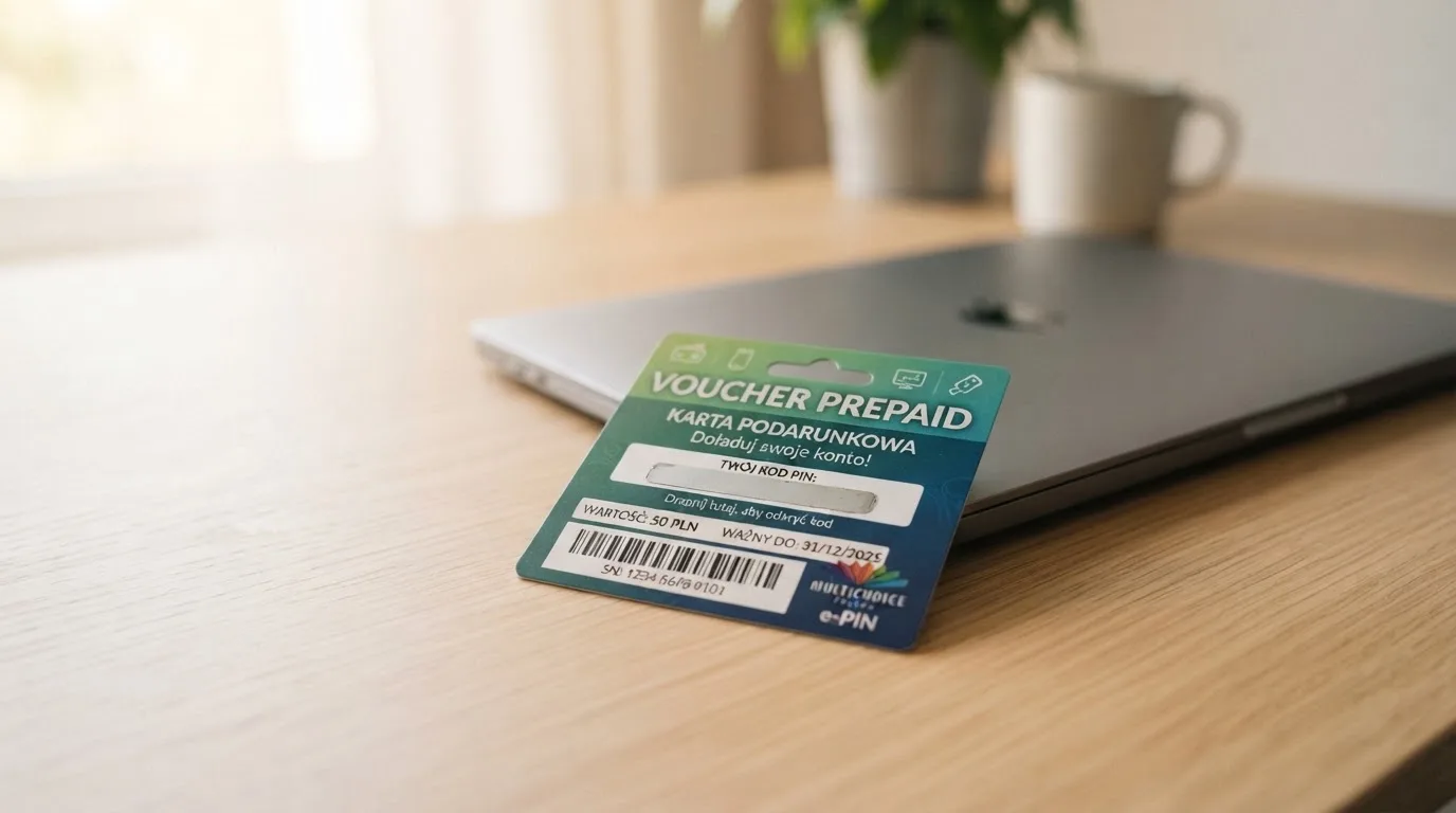 Karta przedpłacona Paysafecard z zasłoniętym polem kodu PIN obok klawiatury laptopa