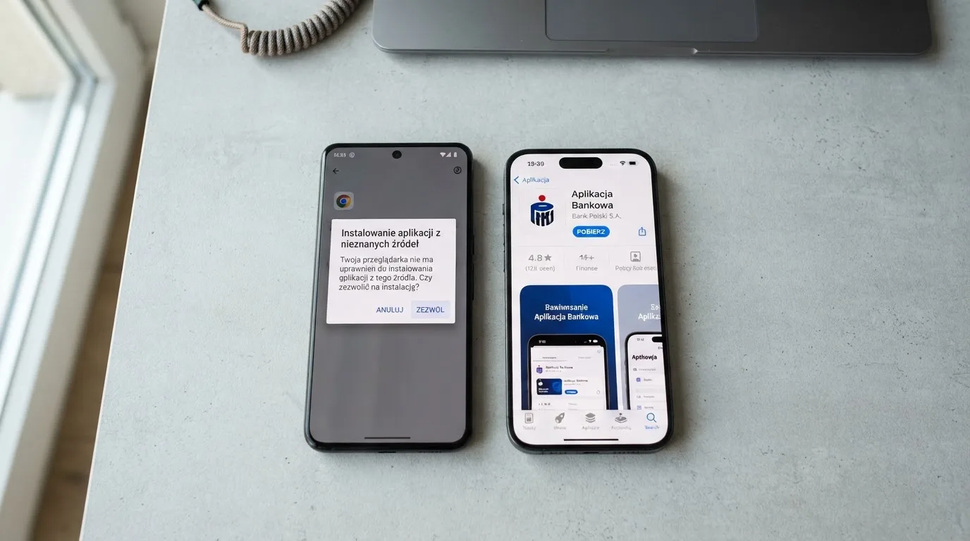 Dwa telefony obok siebie: na jednym komunikat zgody na instalację pliku APK z nieznanego źródła, na drugim strona aplikacji w sklepie z przyciskiem pobierania