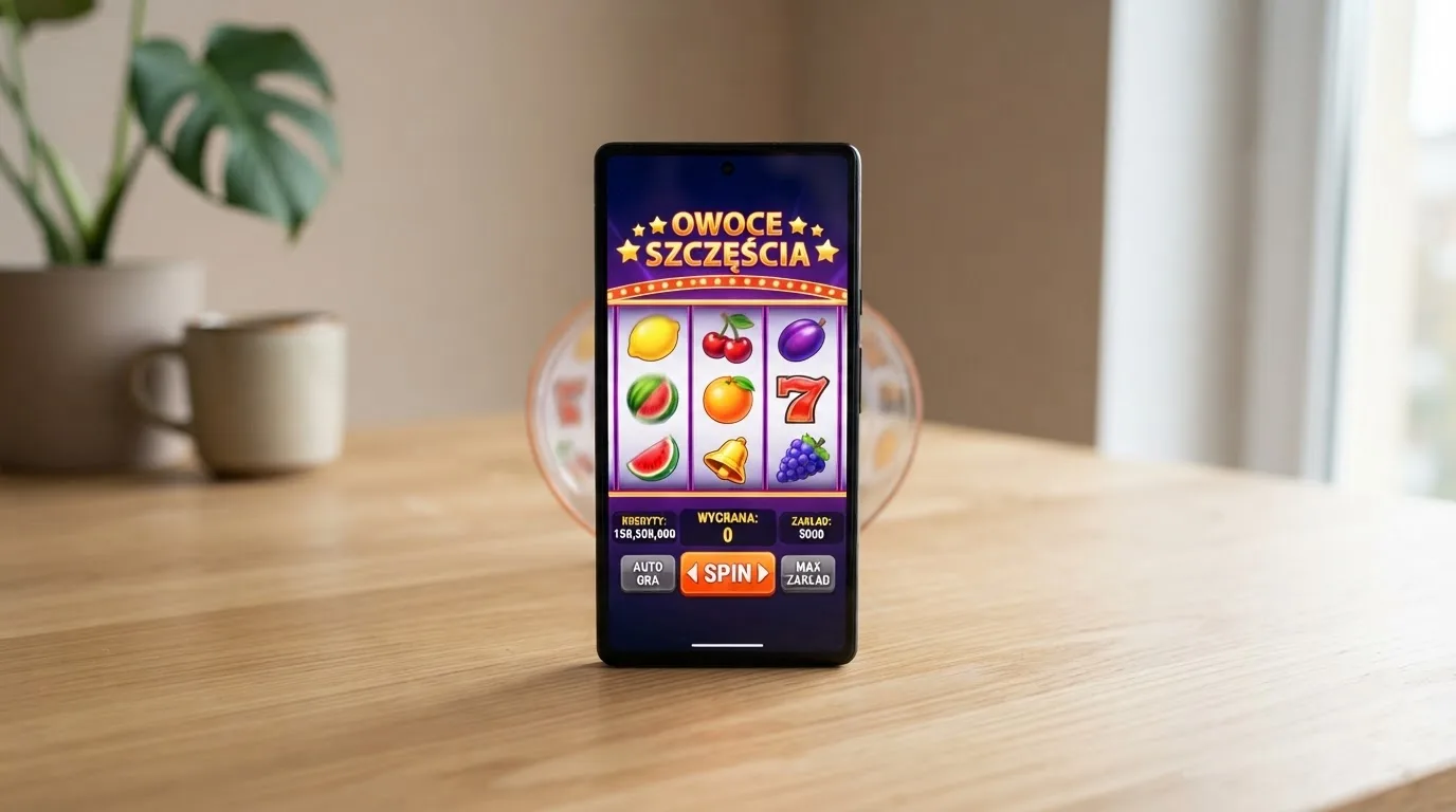 Ekran smartfona z uruchomionym trybem demo automatu, licznik wirtualnych kredytów zamiast prawdziwych pieniędzy