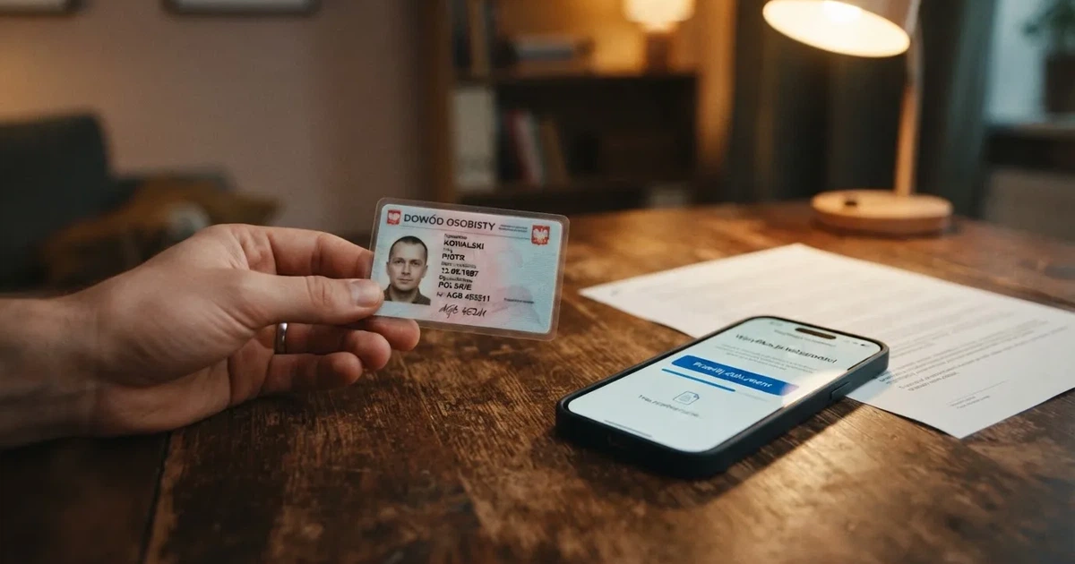 Dłoń trzymająca dowód osobisty obok ekranu smartfona z formularzem przesyłania skanu dokumentu, na biurku wydruk regulaminu