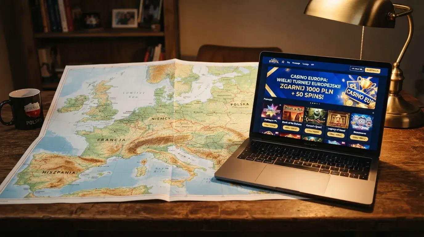 Mapa Europy rozłożona obok laptopa z otwartą obcojęzyczną stroną kasyna internetowego