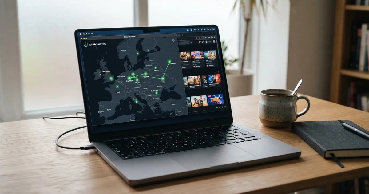 Laptop na biurku z włączoną aplikacją VPN i mapą serwerów w kilku krajach obok otwartej przeglądarki