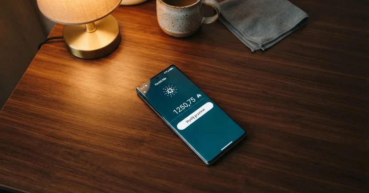 Ekran aplikacji portfela kryptowalutowego w trakcie wysyłania przelewu w sieci Cardano (ADA)