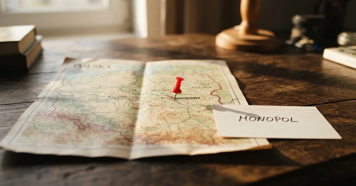 Mapa Polski rozłożona na biurku z jedną czerwoną pinezką wbitą w Warszawę i kartką z odręcznym dopiskiem o monopolu państwa