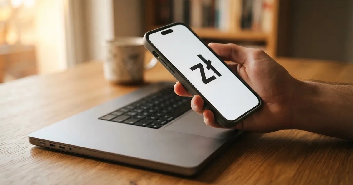 Dłoń trzymająca smartfon z ekranem płatności mobilnej nad klawiaturą laptopa