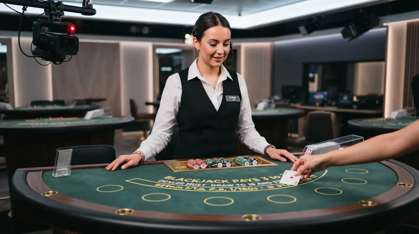 Krupier rozdający karty przy stole blackjacka podczas transmisji na żywo