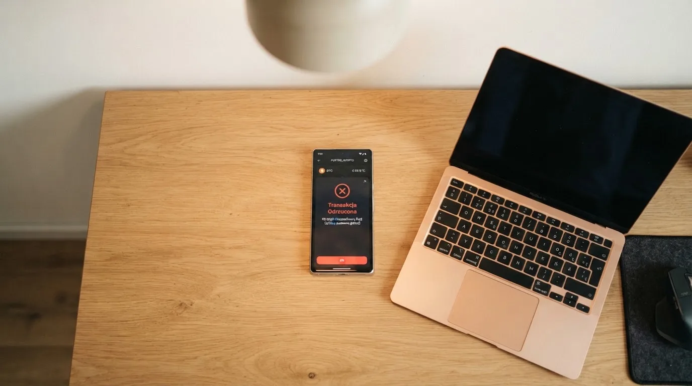 Smartfon z otwartym portfelem kryptowalut i komunikatem o odrzuconej płatności leżący obok laptopa