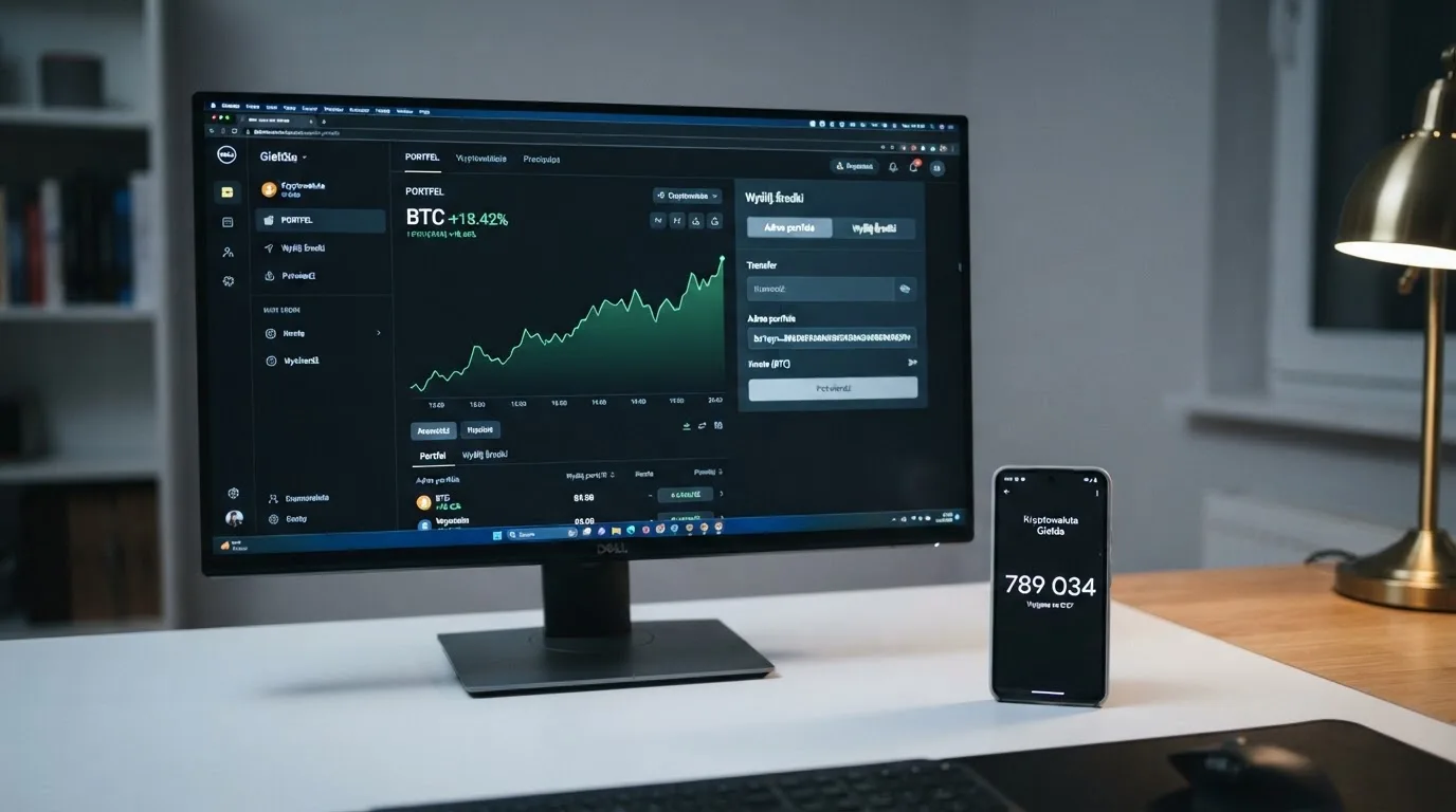 Ekran komputera z aplikacją giełdy i oknem przelewu na adres portfela, obok telefon z kodem uwierzytelniania