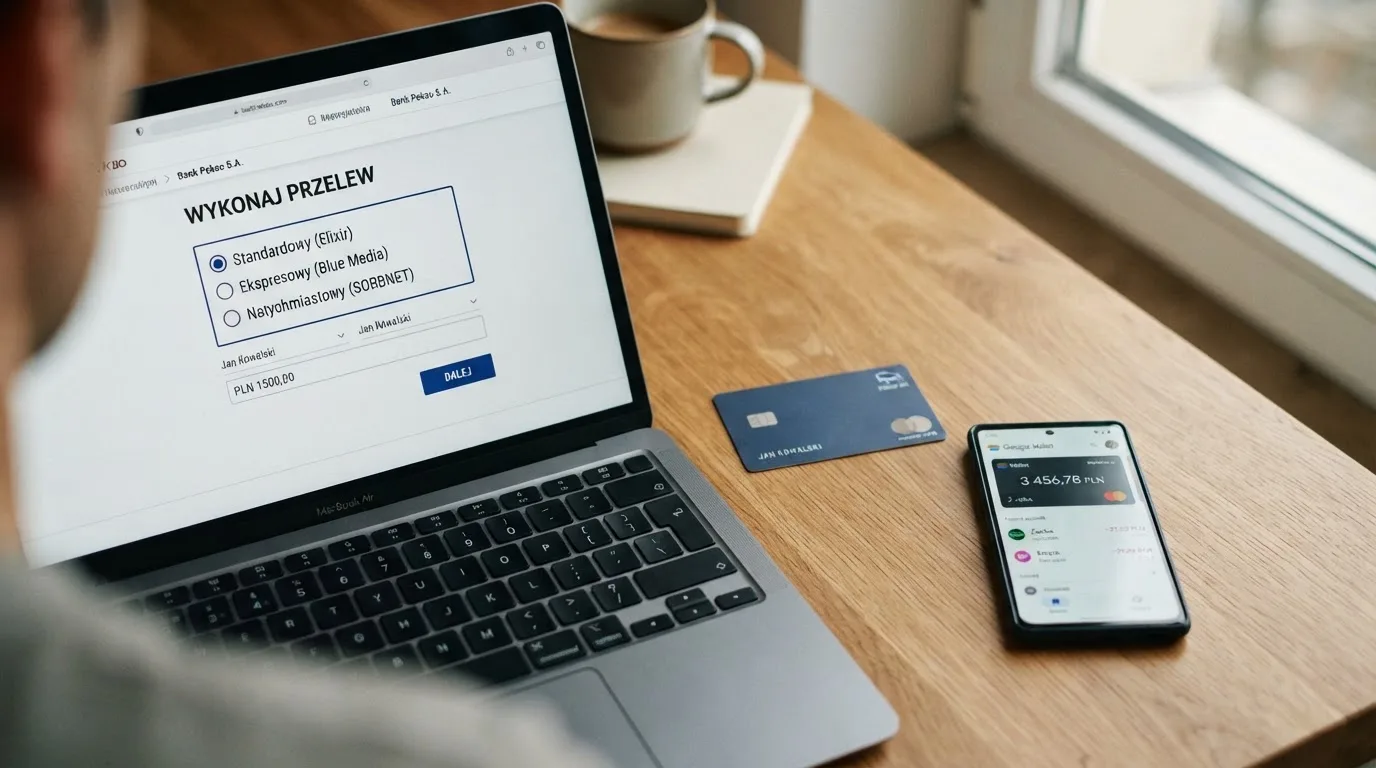 Ekran aplikacji bankowej z wyborem rodzaju przelewu, obok karta płatnicza i telefon z otwartym e-portfelem bez logotypów