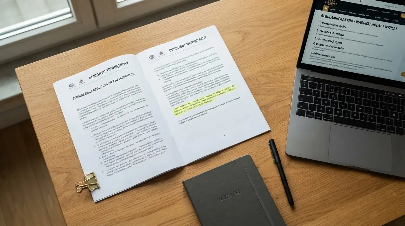 Dokument regulaminu operatora kasyna online rozłożony obok laptopa z otwartą stroną warunków gry