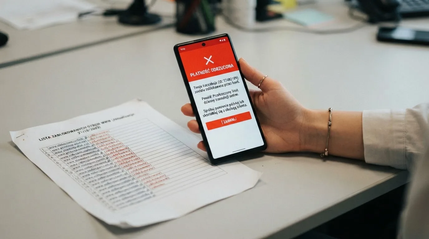 Telefon z komunikatem o odrzuconej płatności na ekranie, obok wydruk tabeli z listą zablokowanych adresów stron