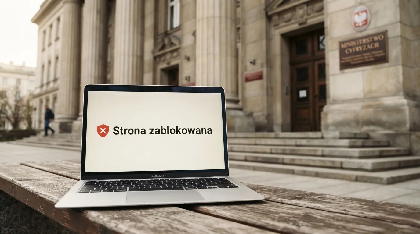Budynek urzędu z tablicą ministerstwa, na pierwszym planie laptop z komunikatem o zablokowanej stronie kasyna