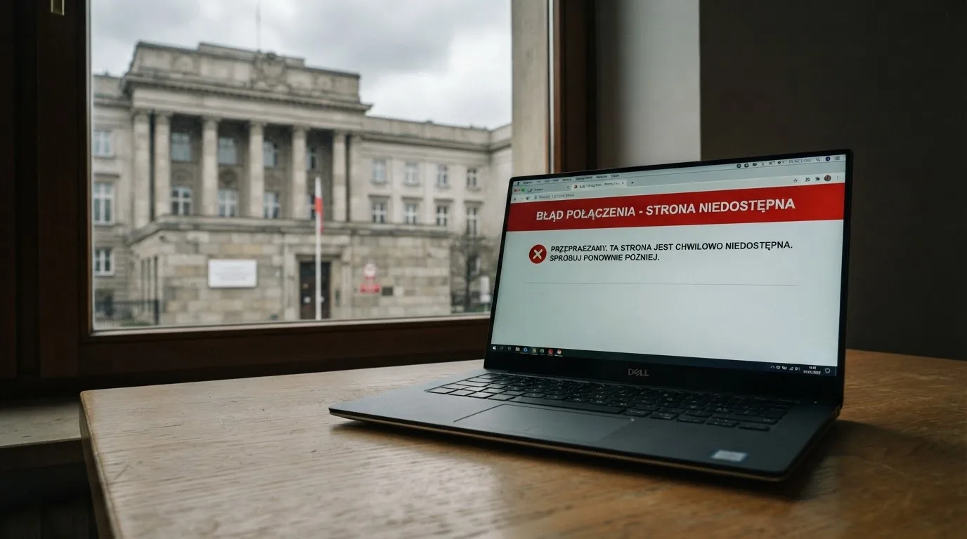 Laptop z komunikatem o zablokowanej stronie hazardowej, w tle budynek urzędu z tablicą ministerstwa
