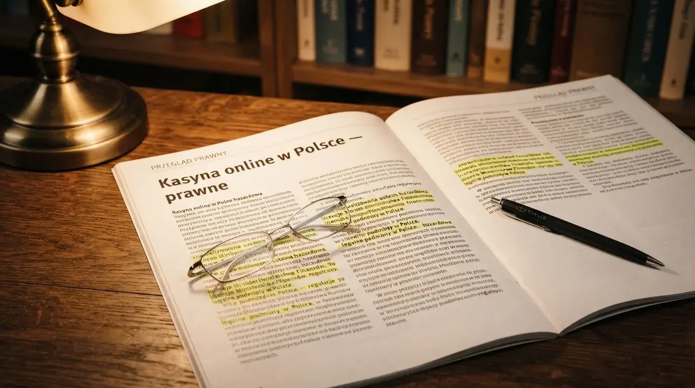Wydruk ustawy o grach hazardowych z zakreślonymi artykułami, obok okulary i długopis