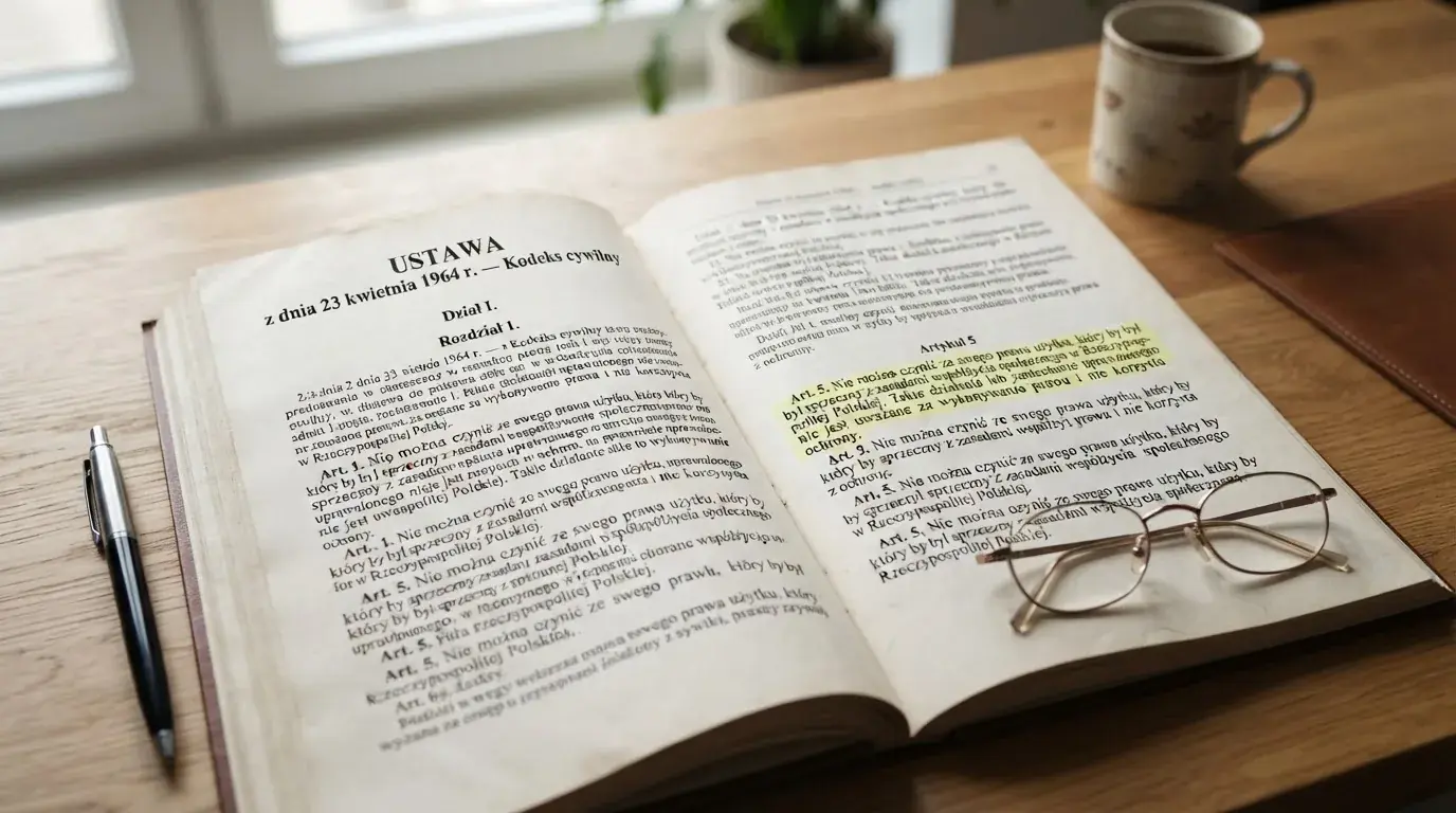 Wydrukowany tekst ustawy o grach hazardowych otwarty na artykule 5, obok okularów i długopisu na biurku