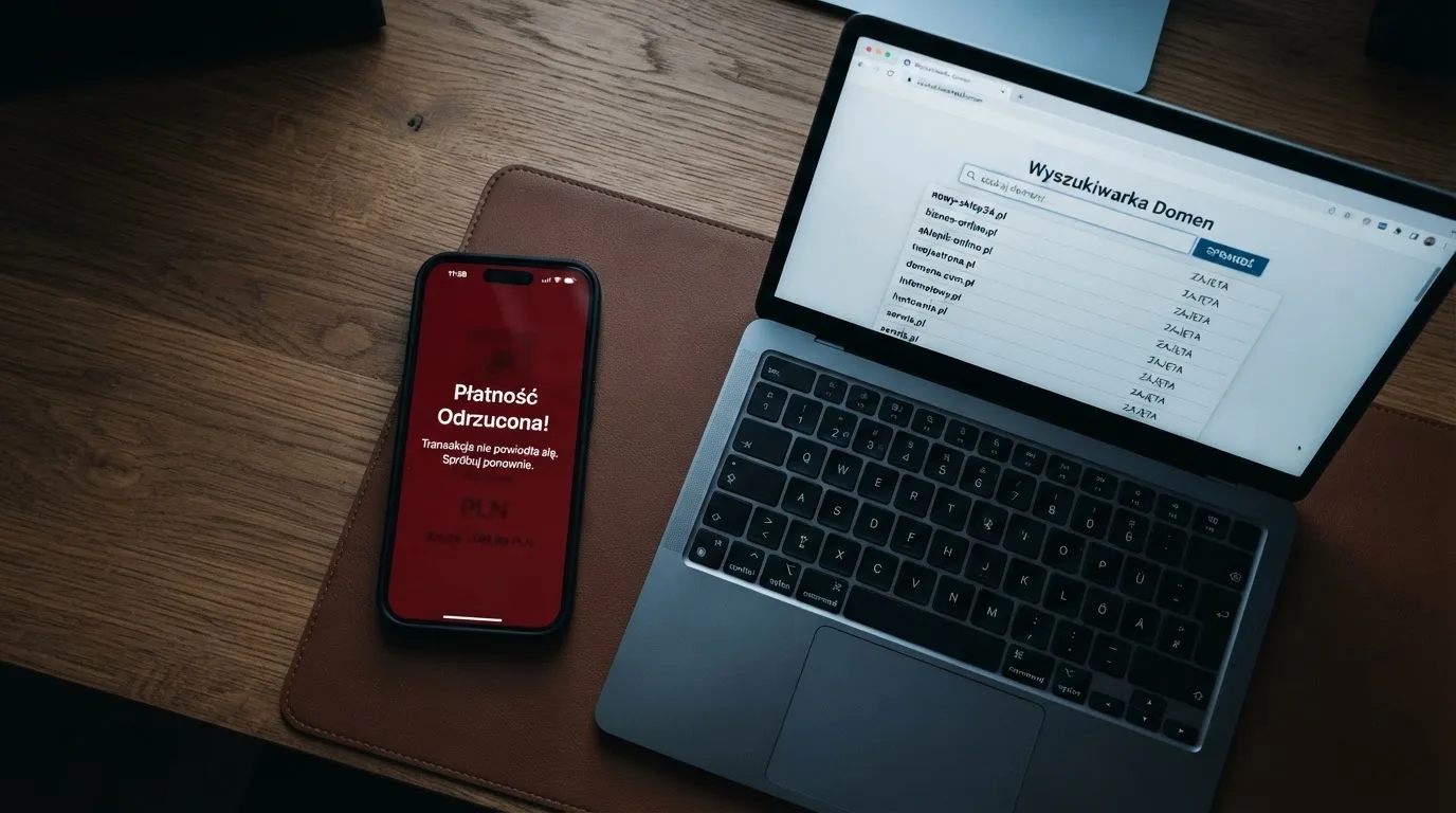 Ekran telefonu z odrzuconą płatnością BLIK obok otwartej w przeglądarce wyszukiwarki rejestru domen Ministerstwa Finansów