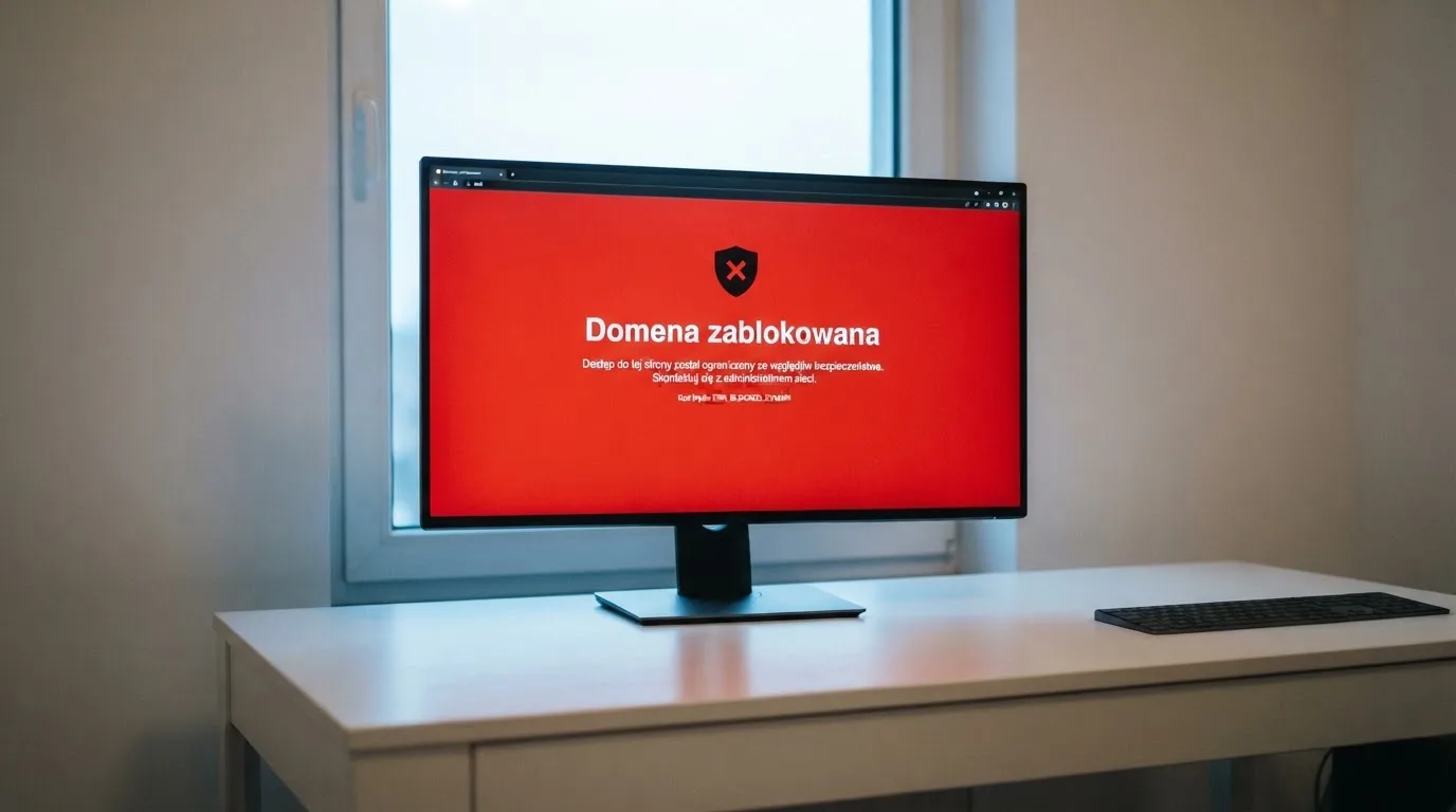 Okno przeglądarki z komunikatem o zablokowanej domenie strony hazardowej na ekranie monitora