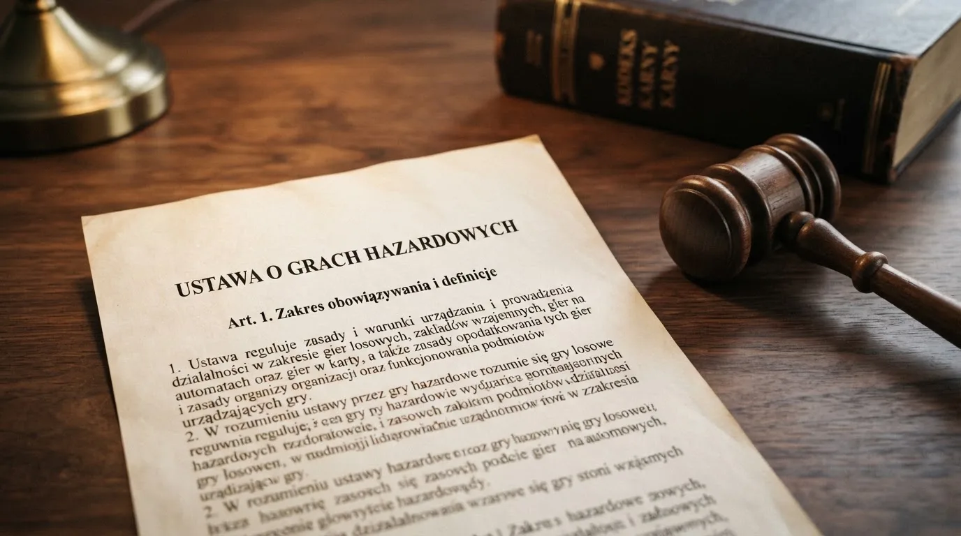 zbliżenie na wydrukowany paragraf ustawy o grach hazardowych leżący obok młotka sędziowskiego