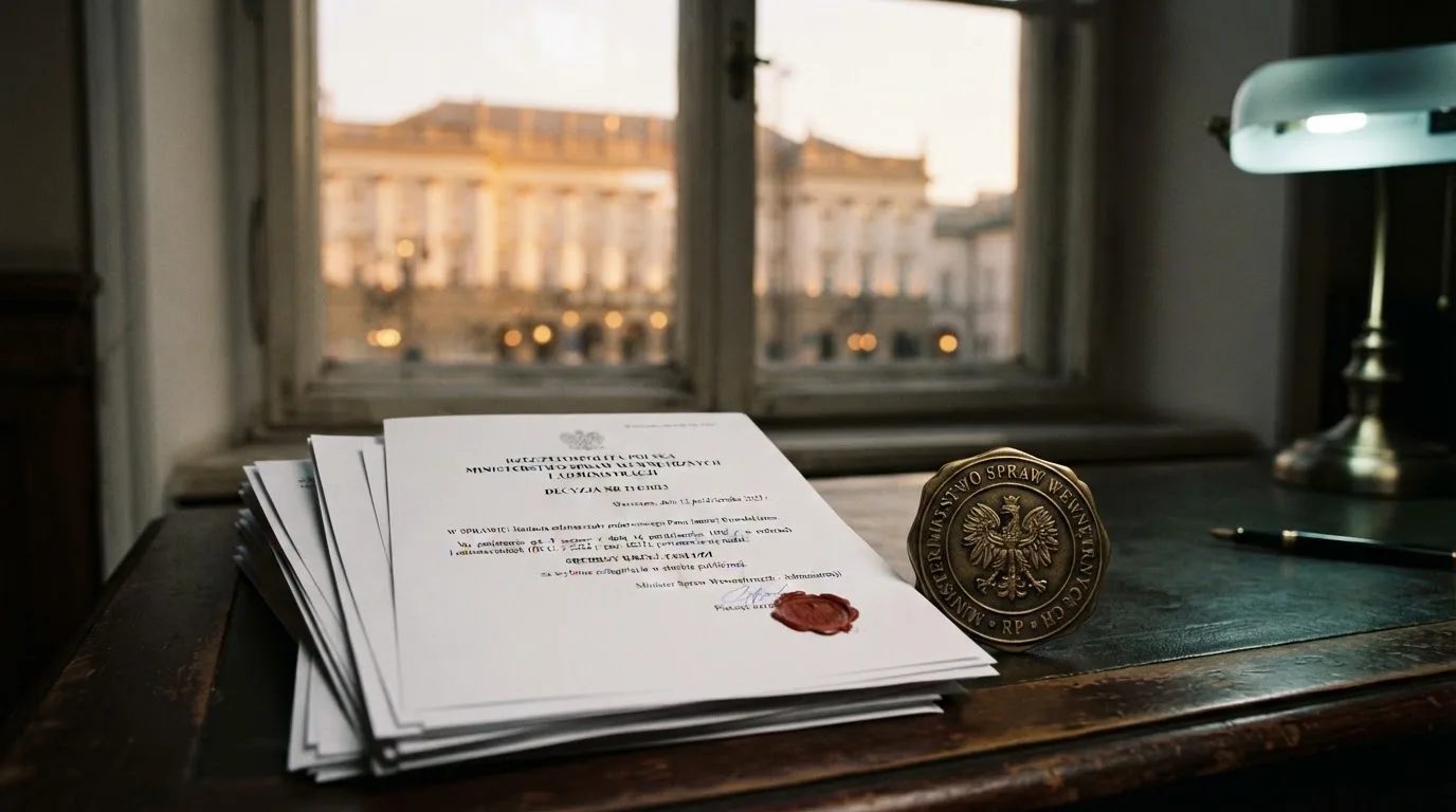 Stos dokumentów urzędowych i pieczęć na biurku, w tle sylwetka budynku administracji publicznej