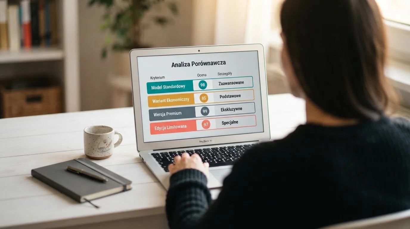 Ekran laptopa z tabelą porównawczą kilku serwisów kasynowych, bez widocznych logotypów marek