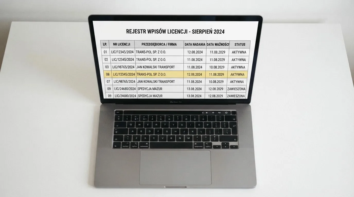 Ekran laptopa z otwartym rejestrem licencji regulatora z Curaçao, w którym jeden wiersz zaznaczono żółtym podświetleniem