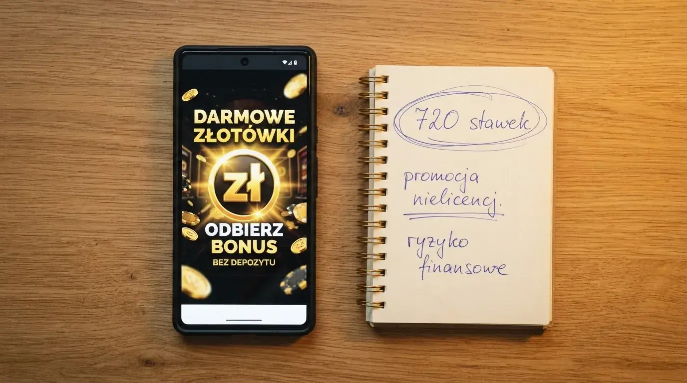Telefon z banerem obiecującym darmowe złotówki za założenie konta, obok wydrukowany tekst ustawy o grach hazardowych z zaznaczonym artykułem