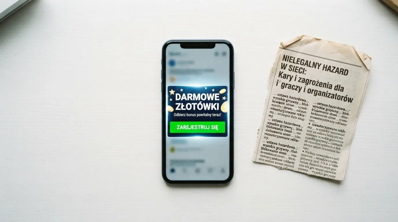 Telefon z wyskakującym banerem obiecującym darmowe złotówki za rejestrację, obok wydruk ustawy o grach hazardowych