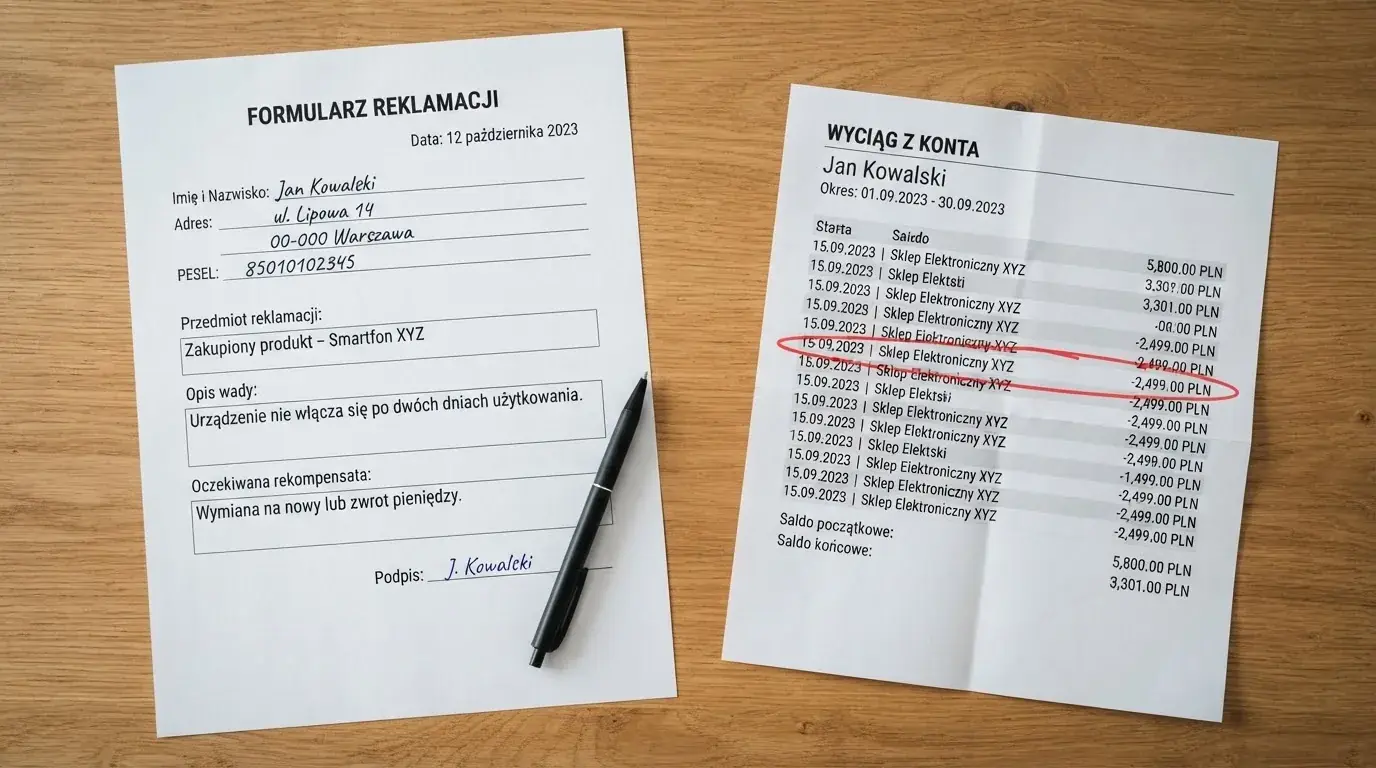 Wydrukowany formularz reklamacji leżący na biurku obok długopisu i wyciągu bankowego z zakreśloną pozycją