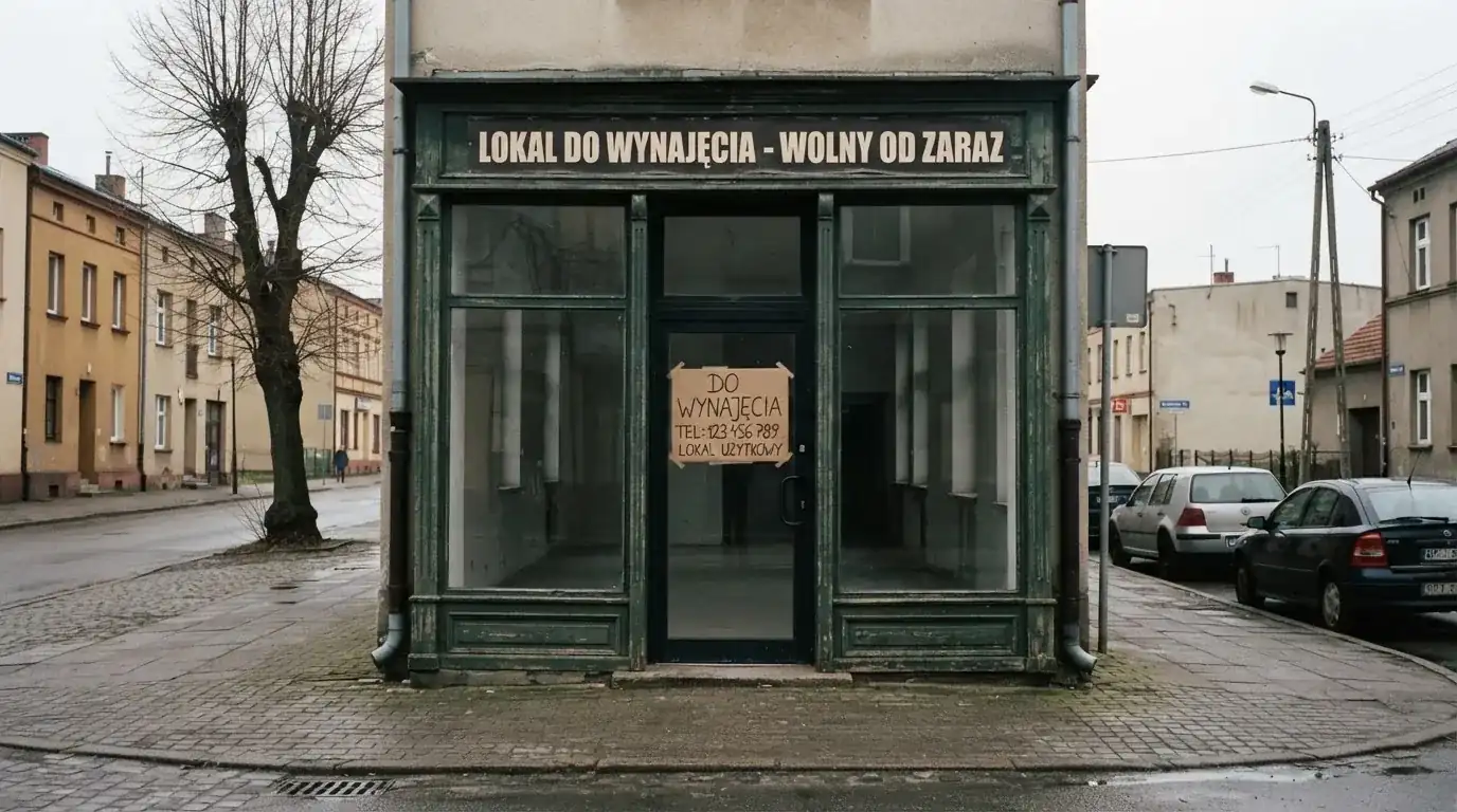 Pusty, zamknięty lokal handlowy z tabliczką „do wynajęcia”, symbolizujący brak działających salonów gry bingo pieniężne