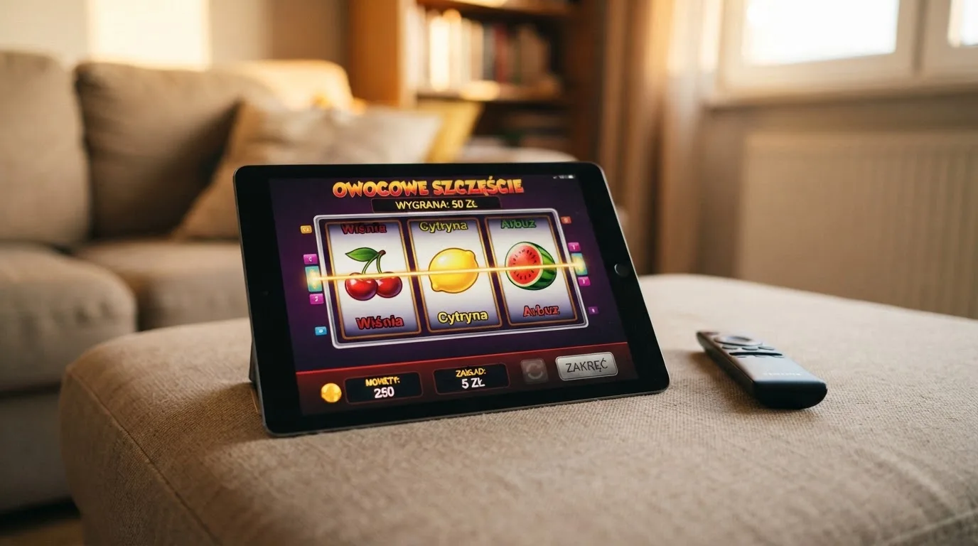 Tablet z ekranem automatu z owocowymi symbolami na bębnach, leżący na kanapie obok pilota