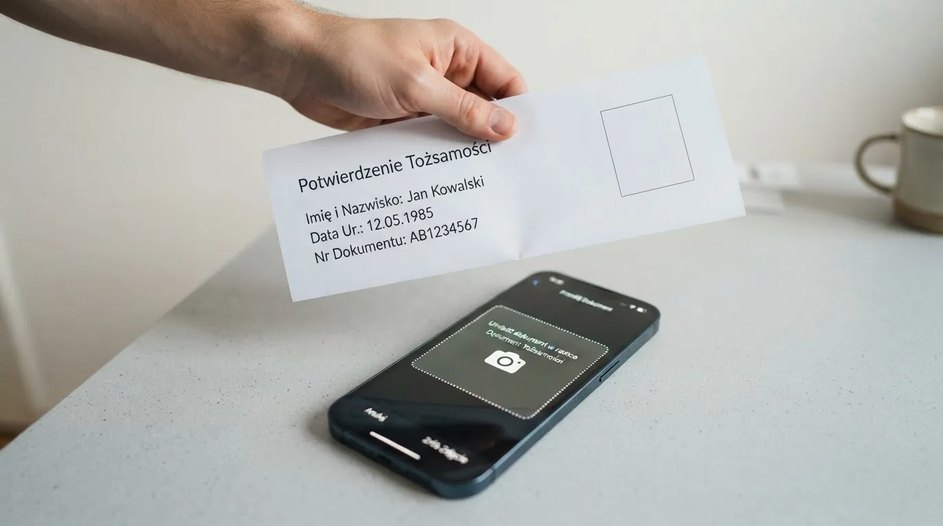 Dłoń trzymająca dowód osobisty nad smartfonem z otwartym formularzem przesyłania zdjęcia dokumentu