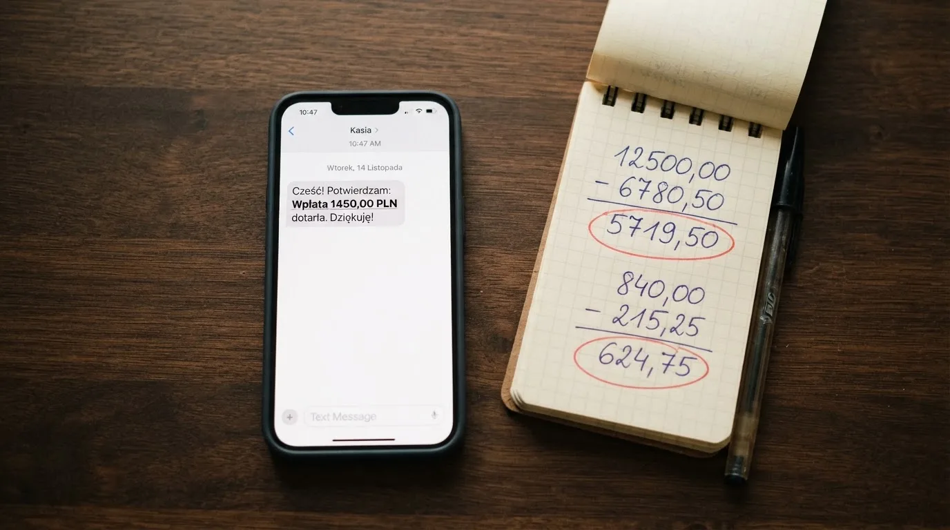 Ekran telefonu z wiadomością SMS obok kalkulatora liczącego opłaty
