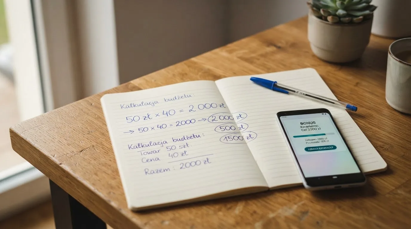 Kartka z ręcznie rozpisanym obrotem bonusu obok kalkulatora i smartfona na drewnianym biurku